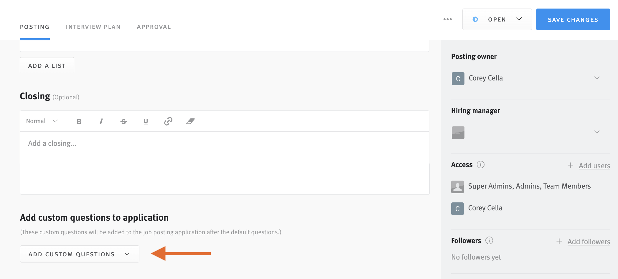 Job posting editor with arrow pointing to add custom questions dropdown