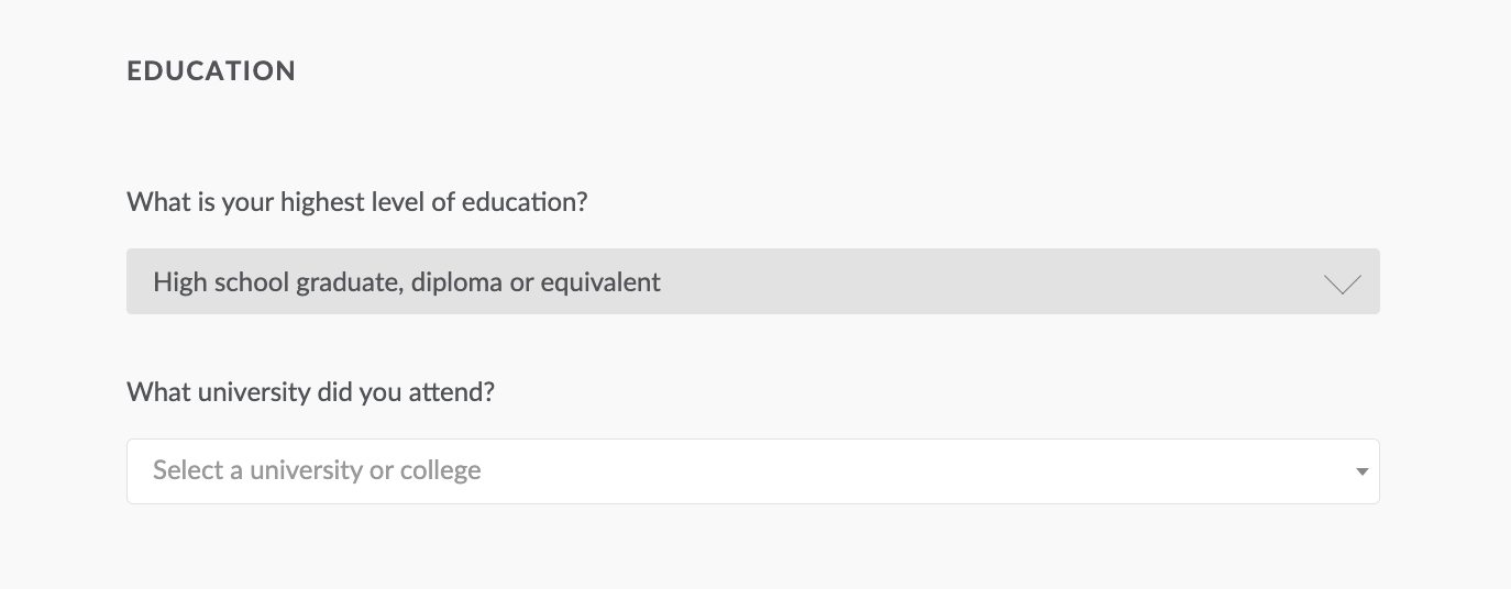 Education section of application page