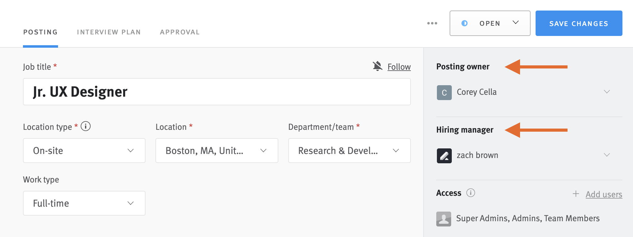 Job posting editor with arrows pointing posting ownder and hiring manager fields