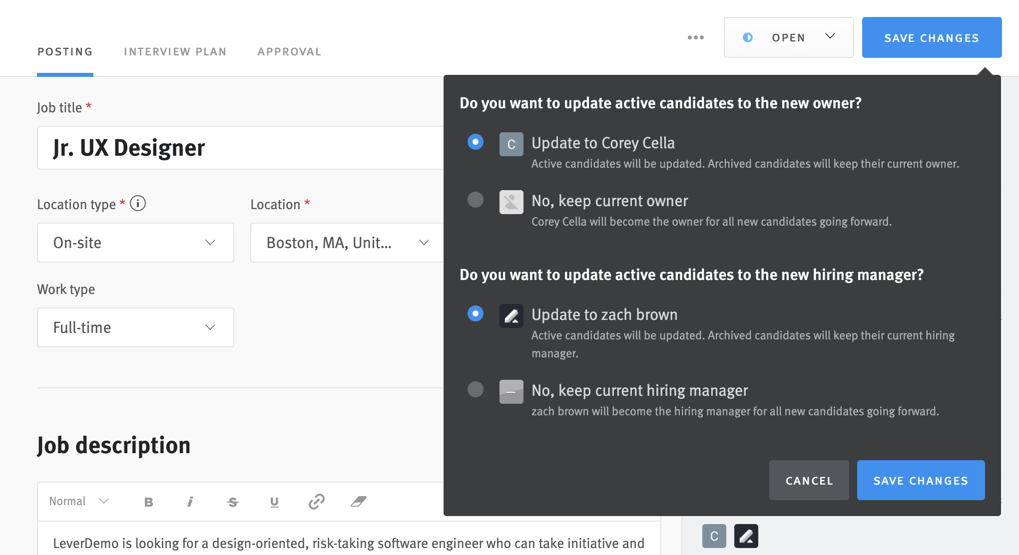 Job posting owner with posting and hiring owner change warning