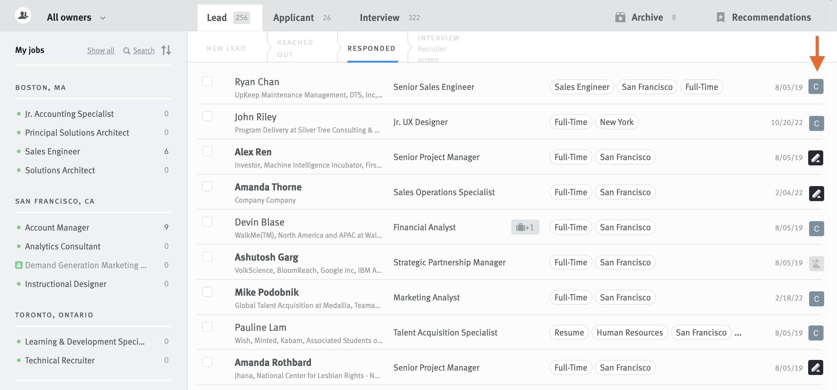 Candidates list with arrow pointing to opportunity owner icons