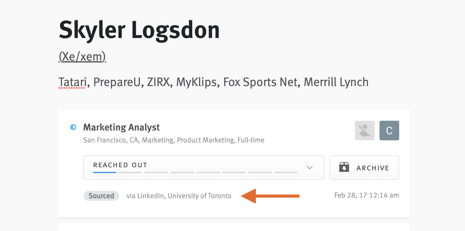 Candidate profile with arrow pointing to school source tag