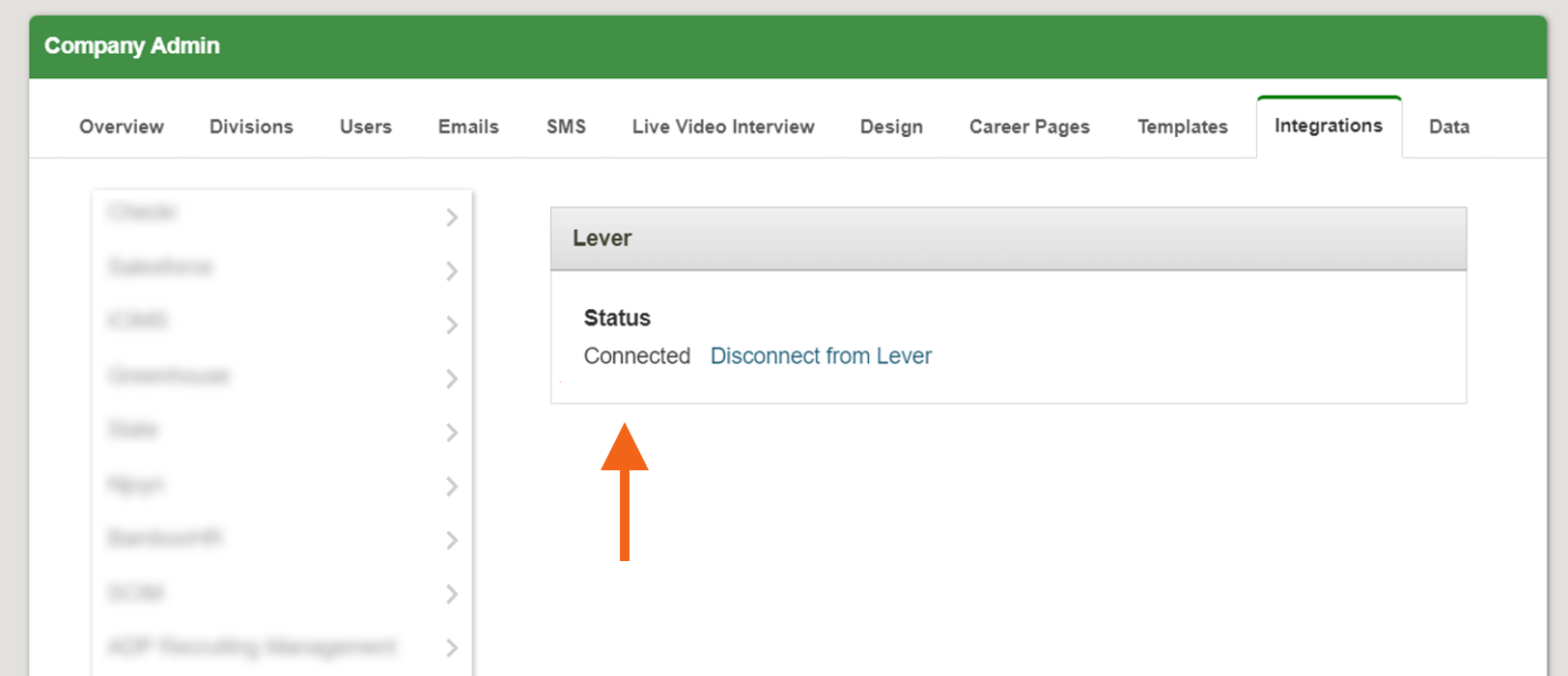 Vidcruiter settings with arrow pointing to connected status