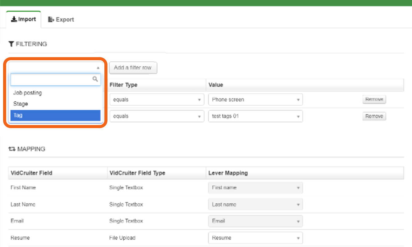 Vidcruiter import settings with filter dropdown outlined