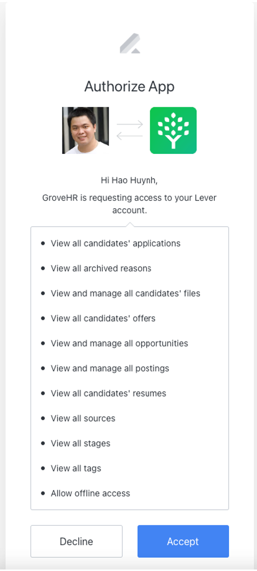 App authorization modal with list of permissions.