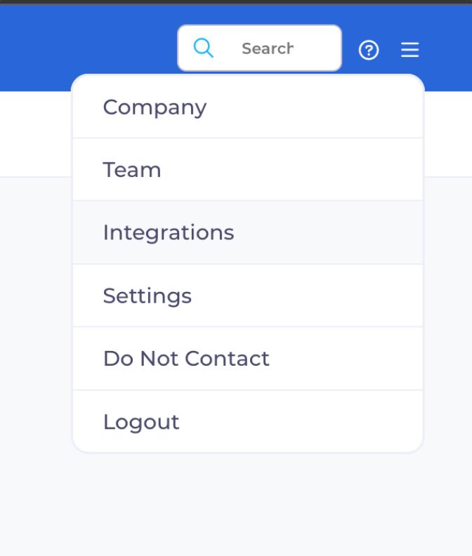 Integrations option highlighted on hover in hamburger menu