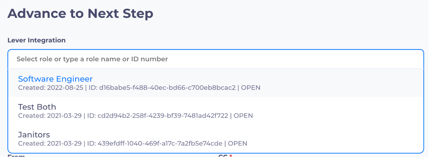 Roles listed under Lever integration listing in RippleMatch; page header reads Advance to Next Step.