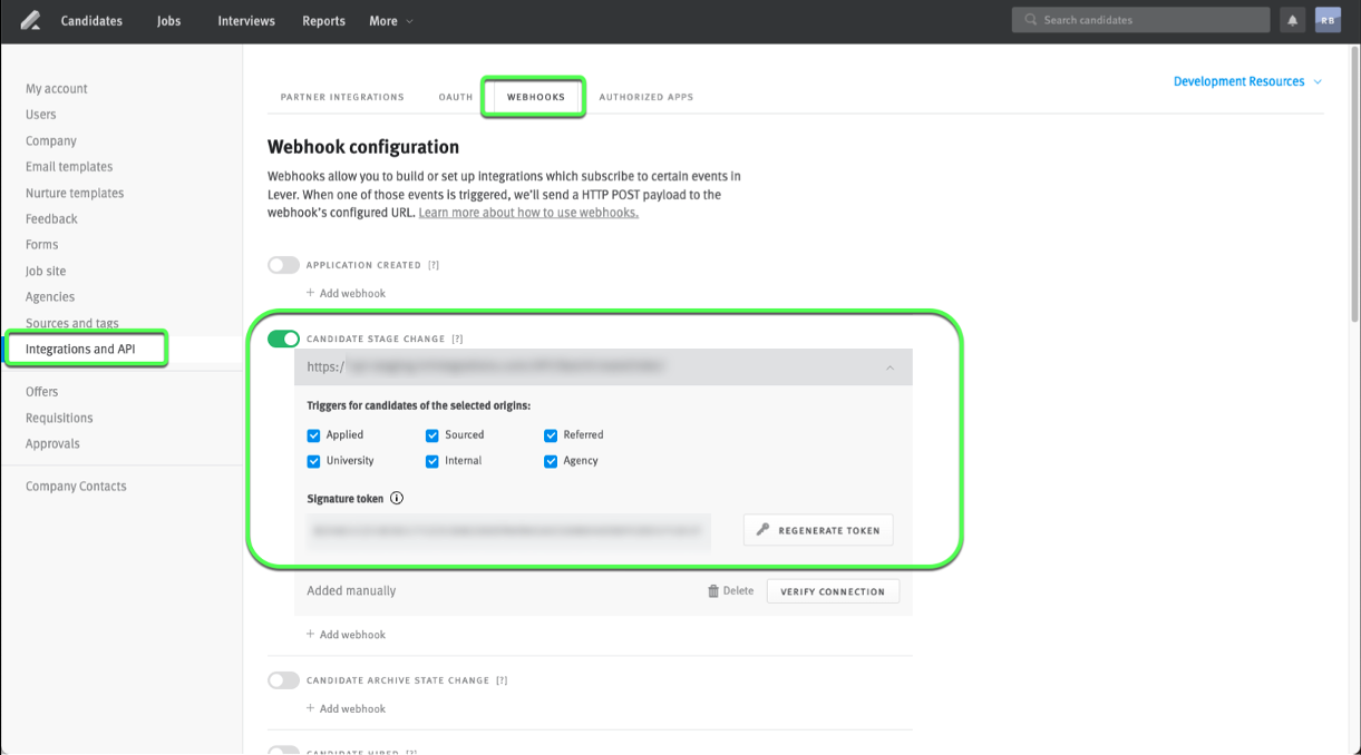 Lever webhook conifguration page; candidate stage change webhook tile is outlined.
