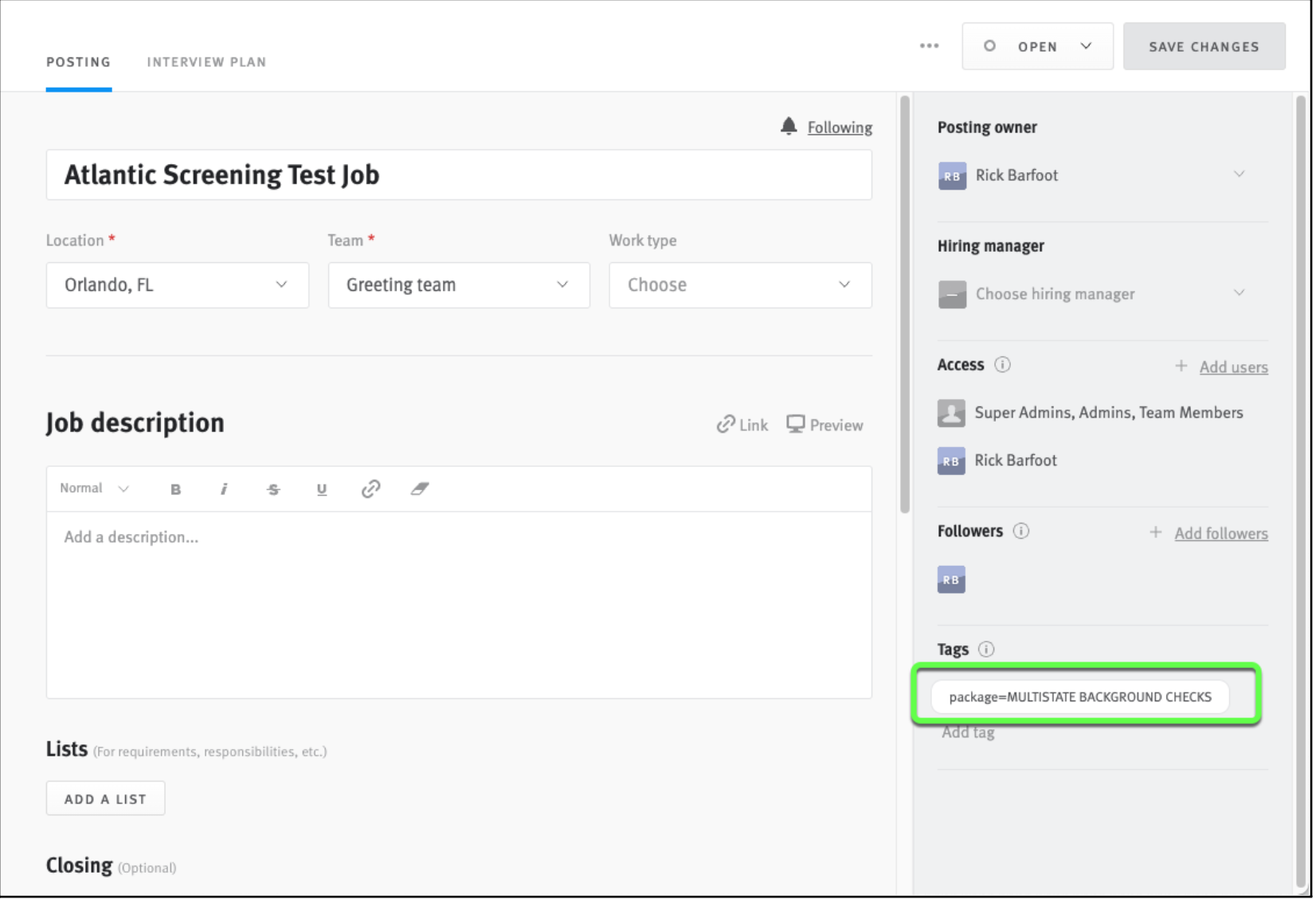 Tag outlined in Lever job posting editor.