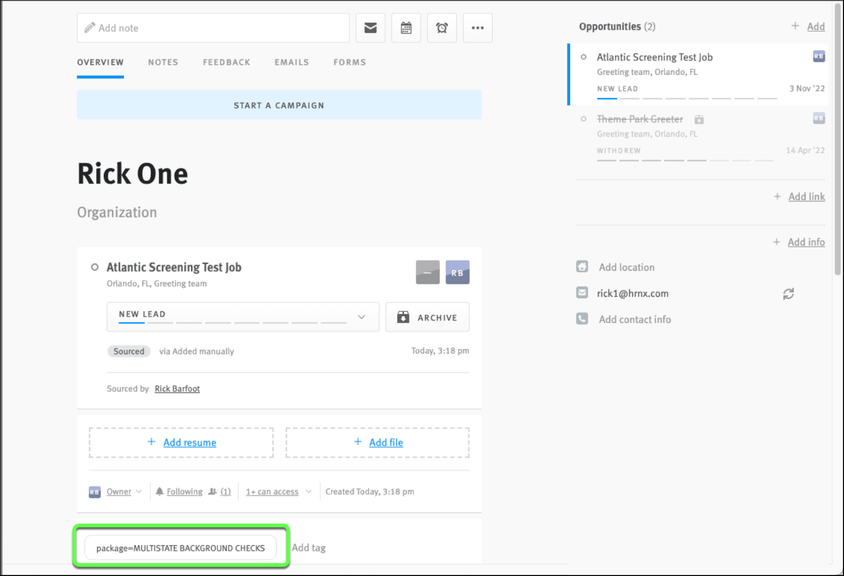 Tag from posting editor in previous image outlined on opportunity profile in Lever