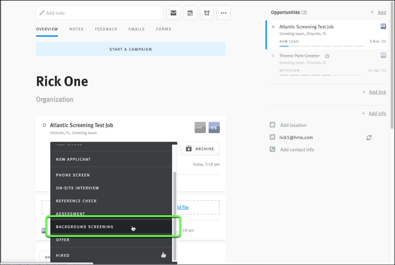 Stage menu expanded on opportunity profile, Background Screening stage highlighted on hover.