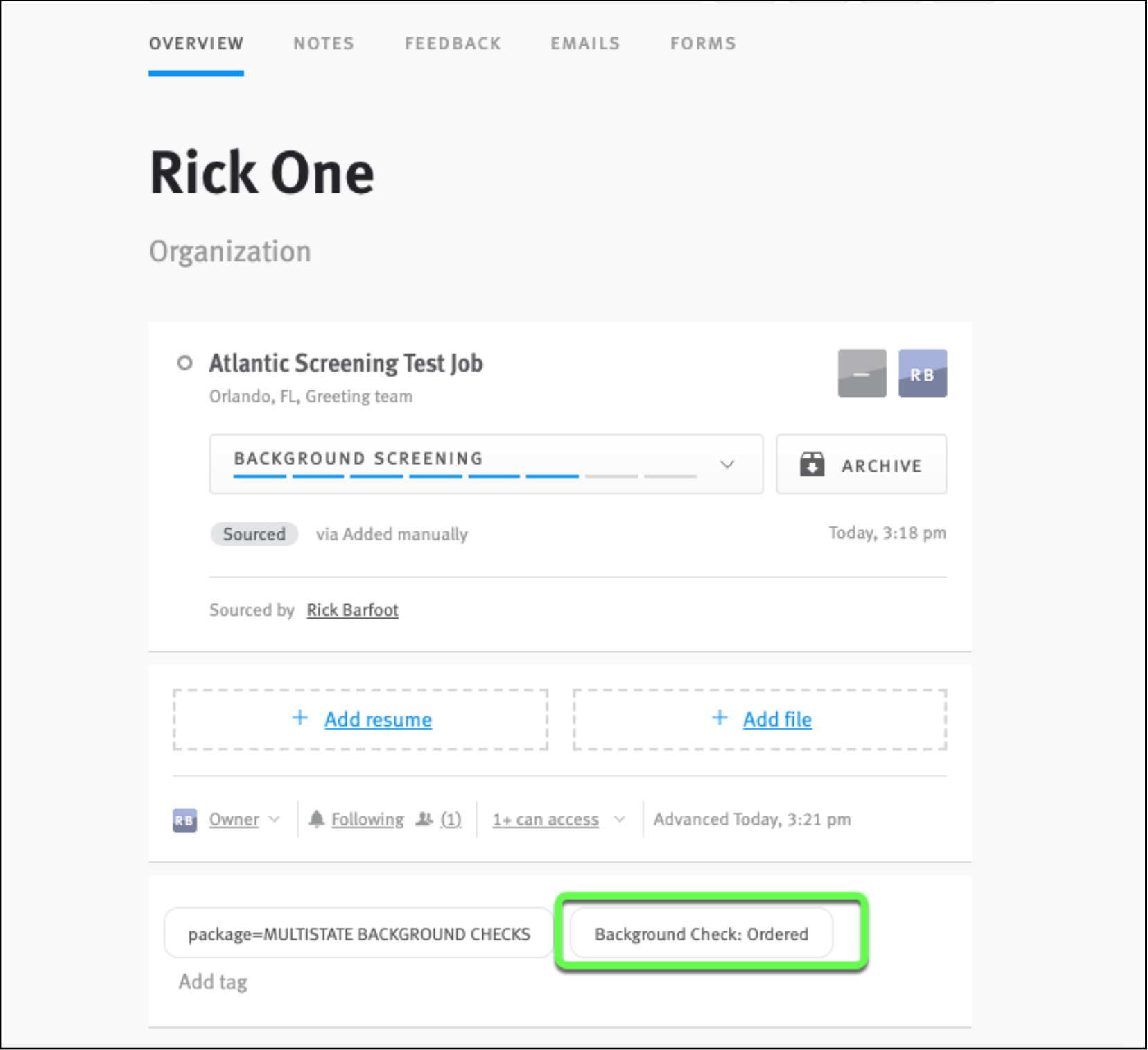Opportunity profile with tag outlined reading Background Check Ordered.