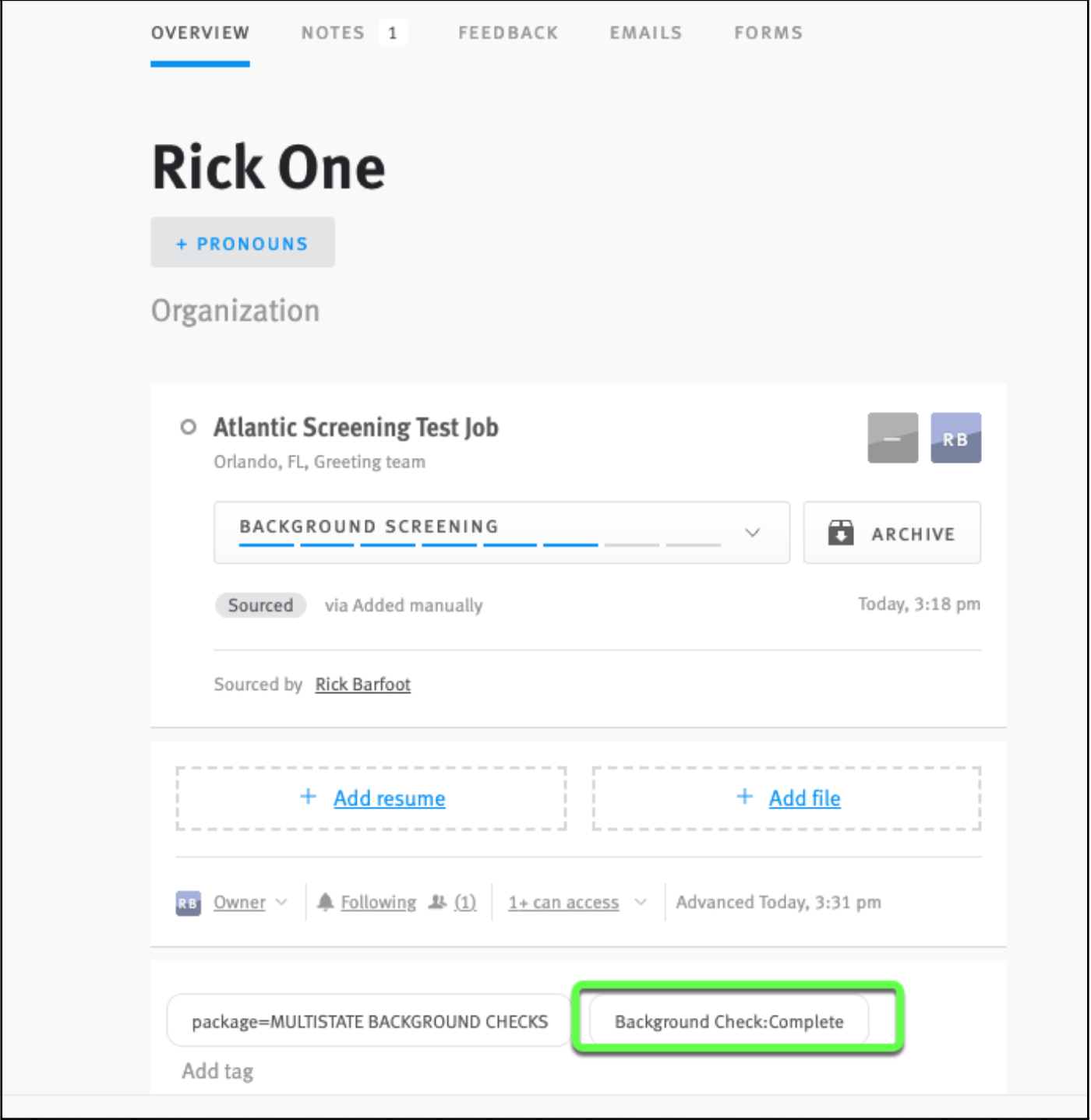 Opportunity profile with tag outlined reading Background Check Complete.