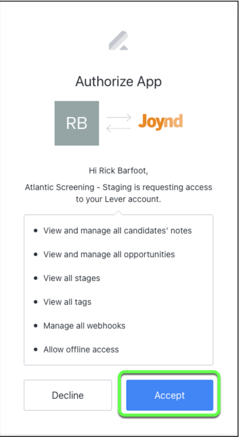 App authorization modal with permission list, Accept button is outlined