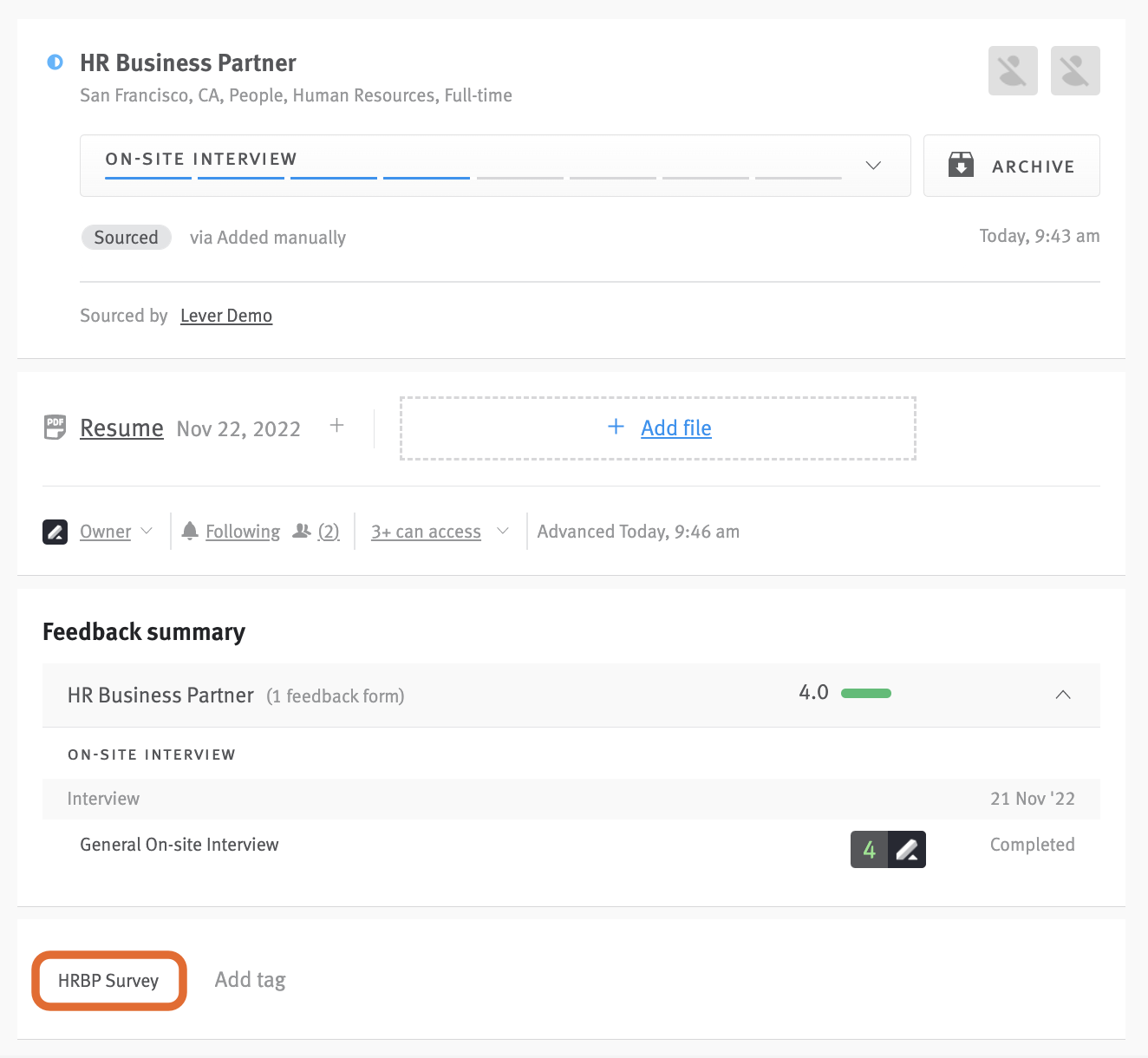 Close up of candidate profile in Lever of candidate associated with HR Business Partner posting; HRBP Survey tag is outlined on their profile.