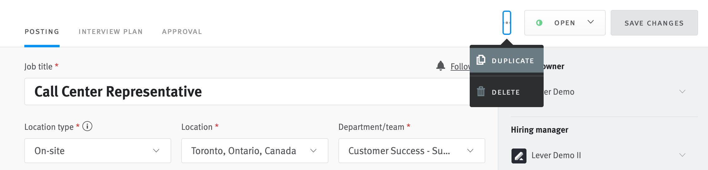 Menu extending from ellipses button at top of posting editor with Duplicate option highlighted on hover