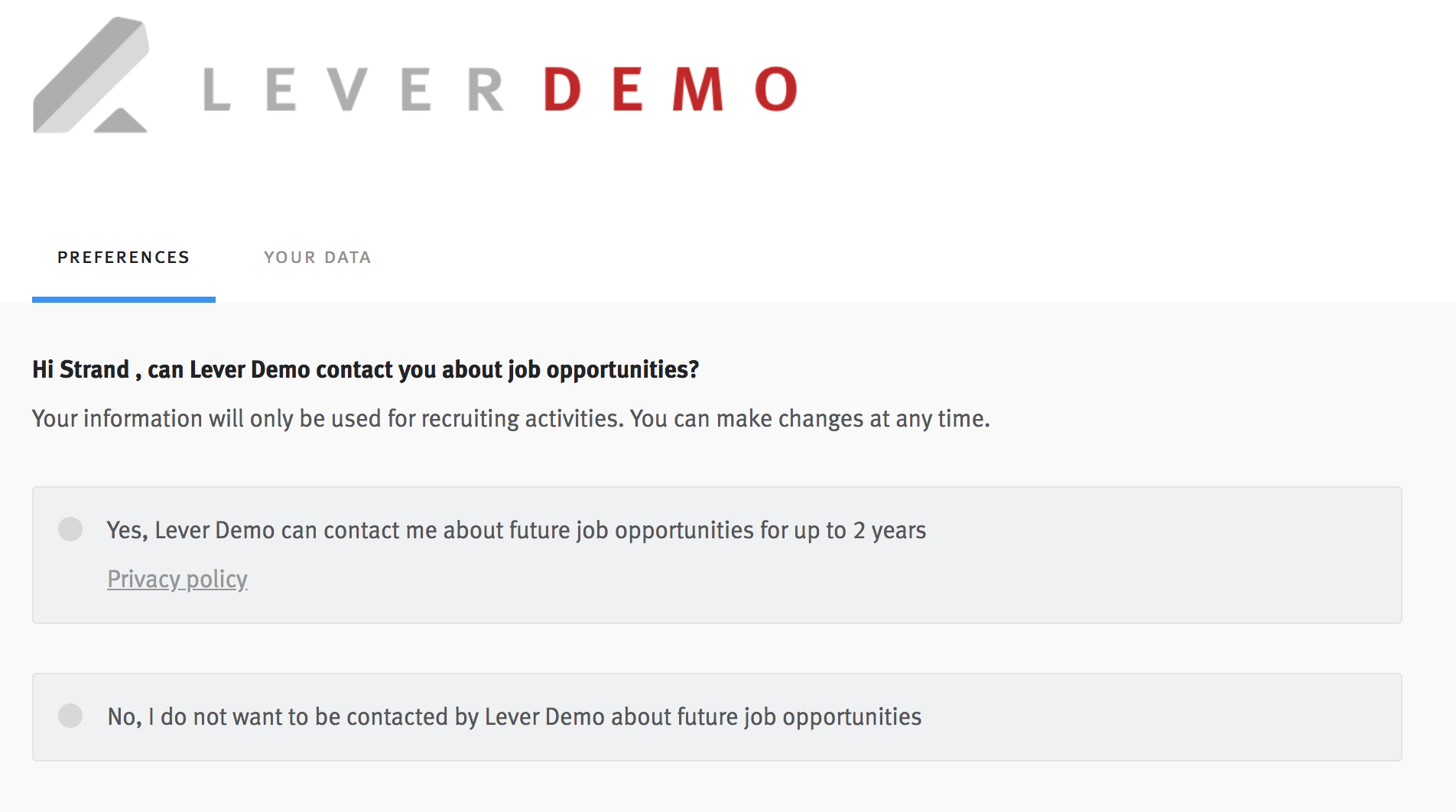 Consent preferences page as it appears to candidate.