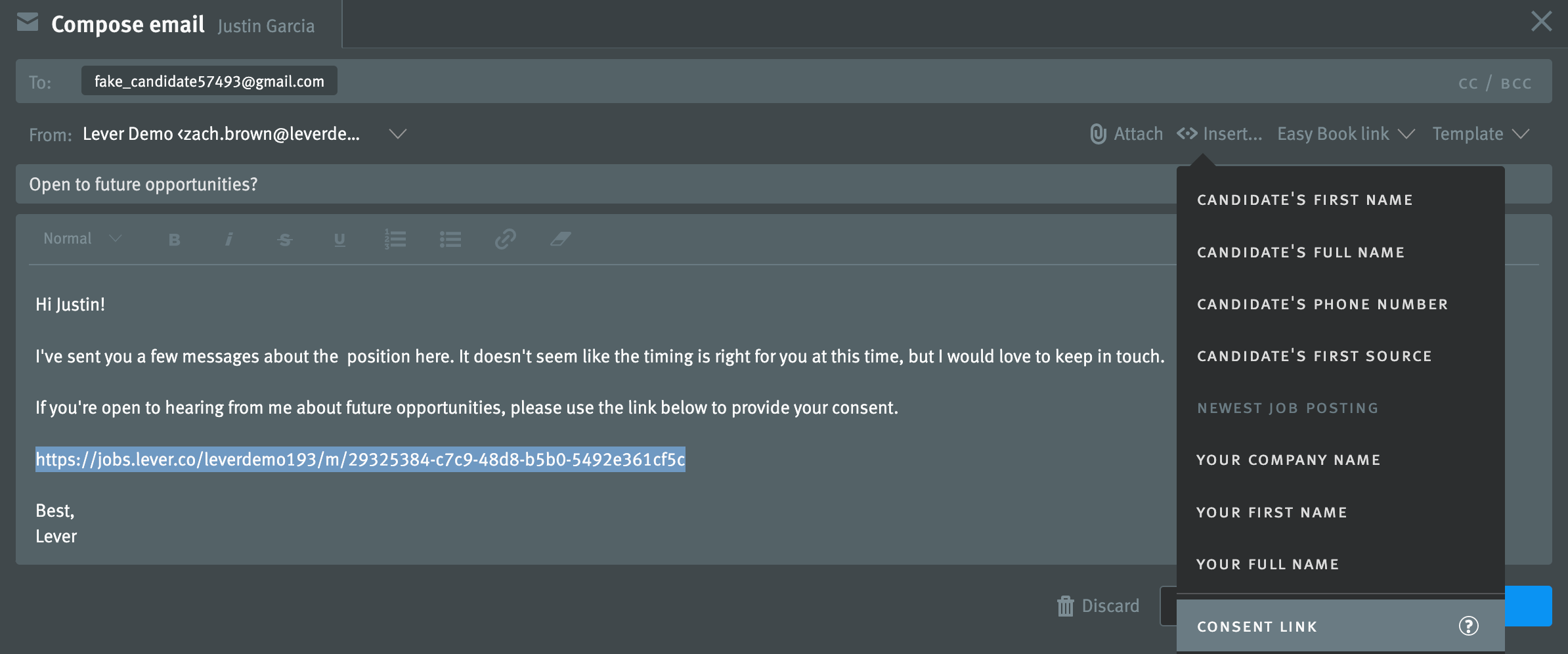 Email composition window with auto-text token menu expanded and consent link option highlighted on hover.