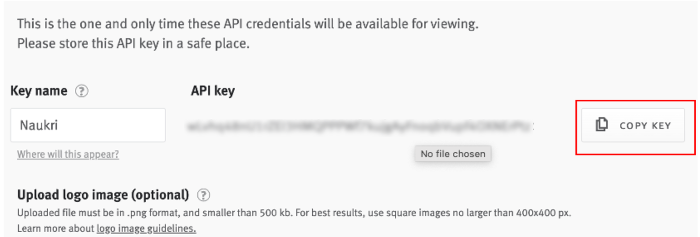 API key configuration interface with Copy key button outlined.