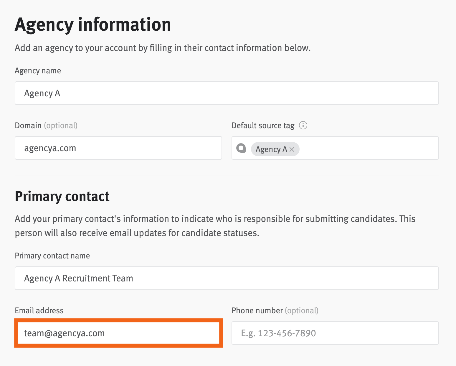 Agency information editor with team@agencya.com outlined in email field.