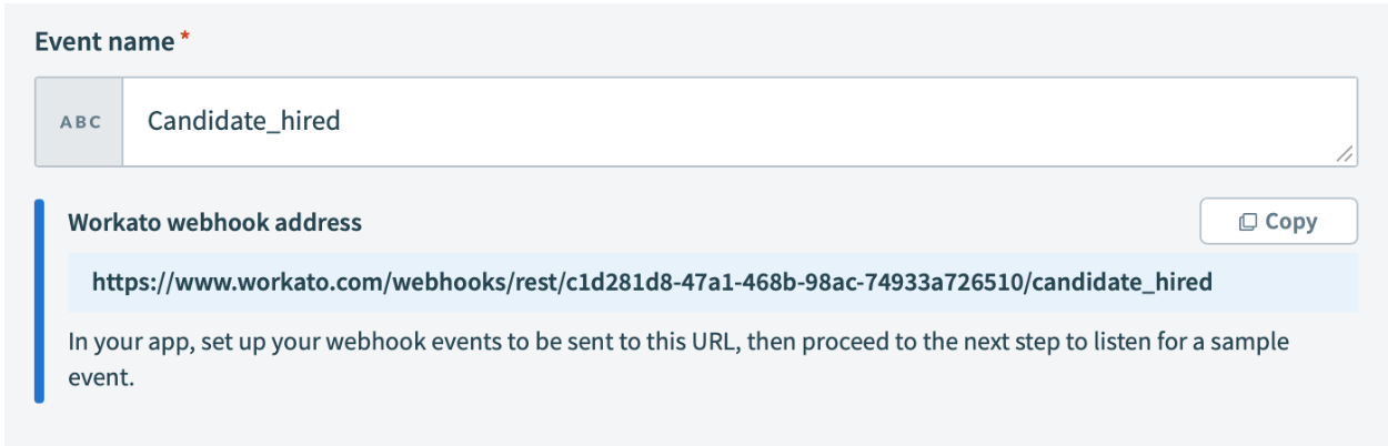 Event name field in recipe with corresponding webhook address listed below