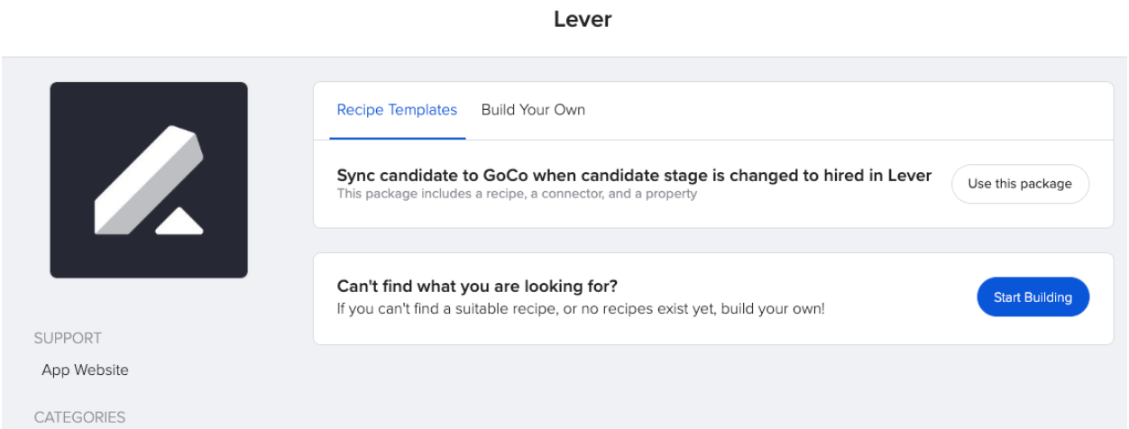 List of recipes and packages available for the Lever integration in the GoCo Marketplace