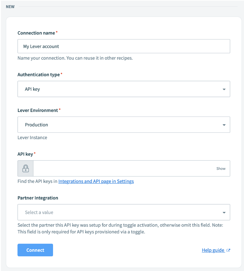 New connection field inputs