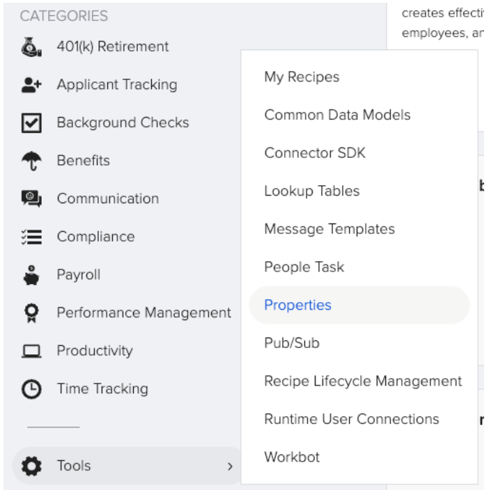Tools menu in GoCo Marketplace; Properties highlighted on hover