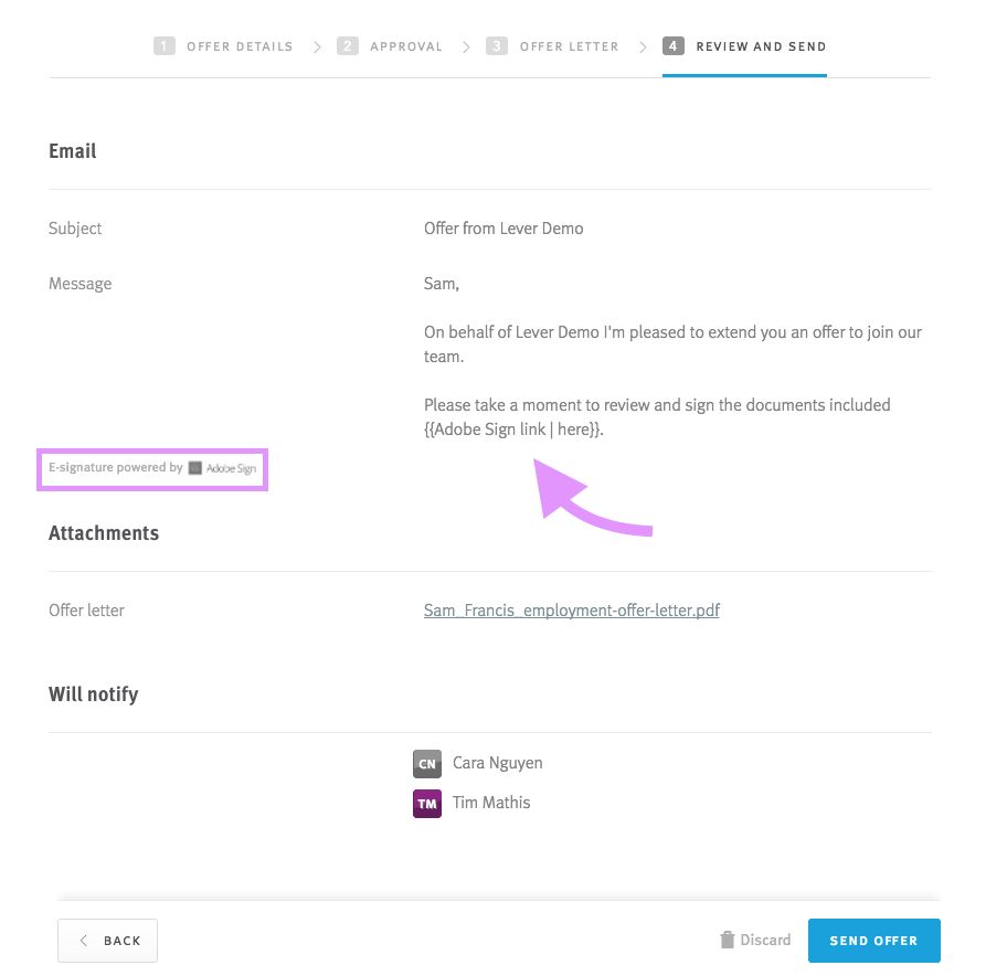 Offer letter preview with arrow pointing to Adobe Sign link placeholder and powered by Adobe Sign circled underneath email body field.
