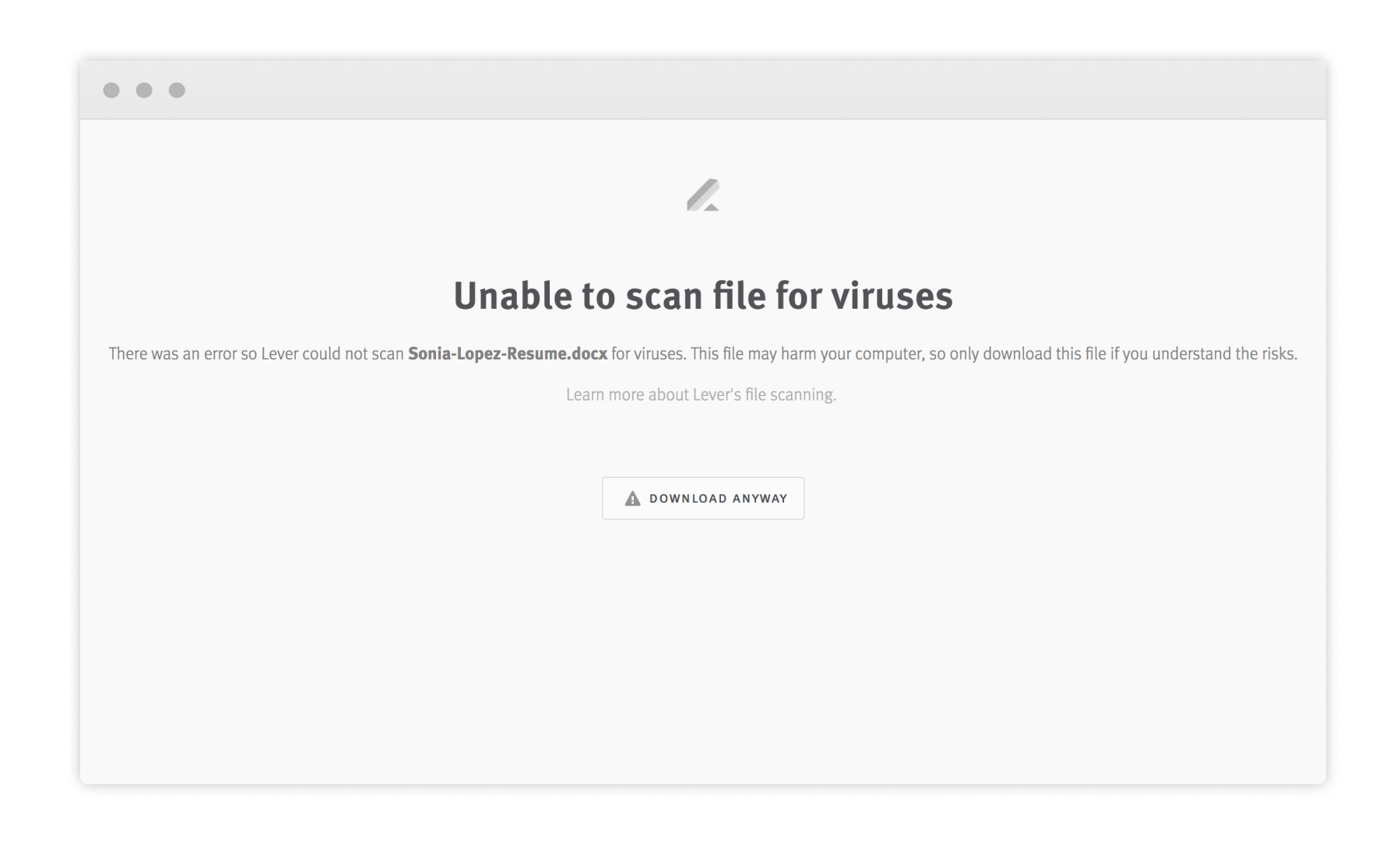 Unable to scan virus warning modal