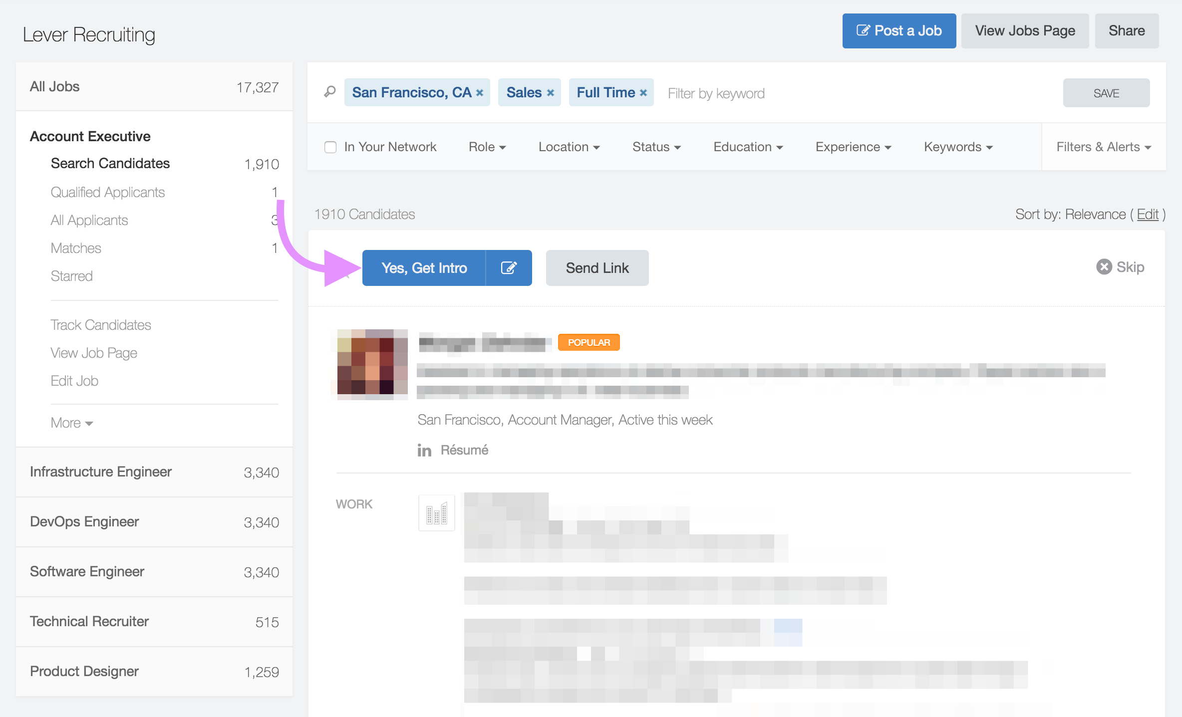 Candidate profile in Wellfound with arrow pointing to 'Yes Get Intro' button.