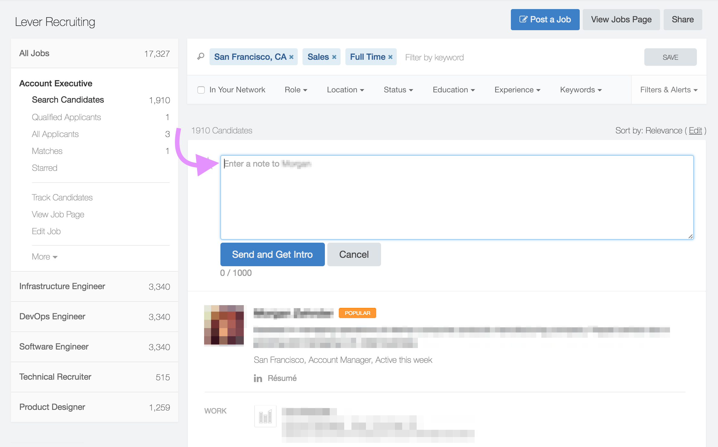 Candidate profile in Wellfound with arrow pointing to message field.