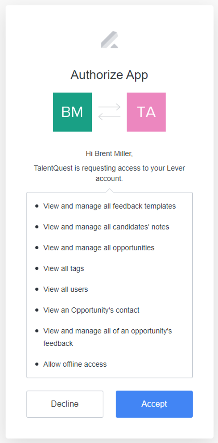 Authorization modal listing request permissions