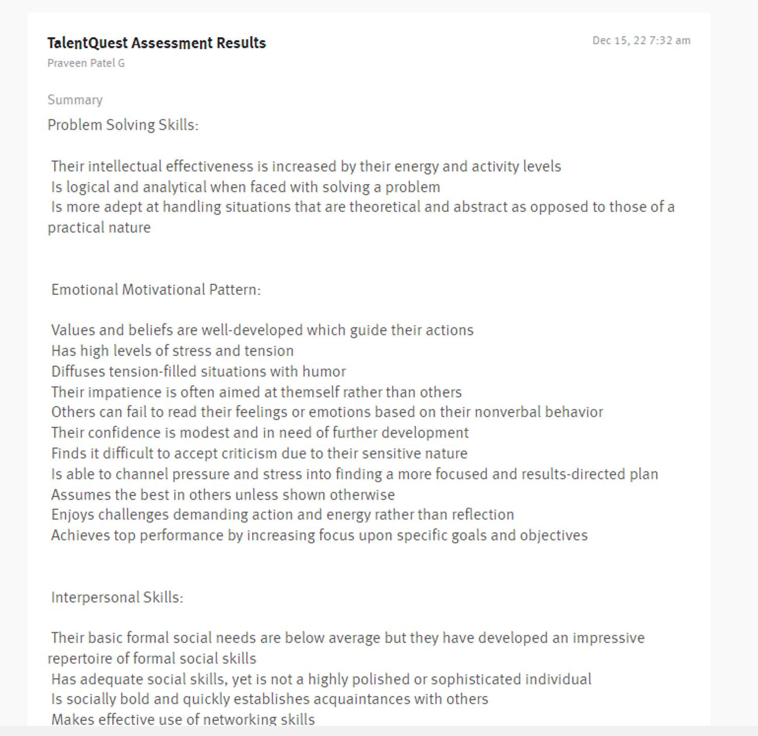 TalentQuest Assessment results on candidate profile in Lever