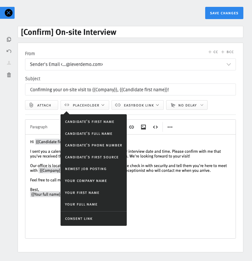 Email template editor showing placeholder dropdown list