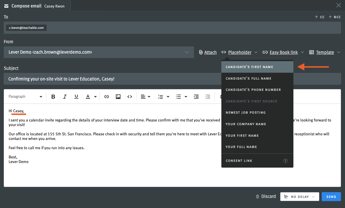 Lever email editor with arrow pointing to placeholder dropdown list and filled name autotext token in email