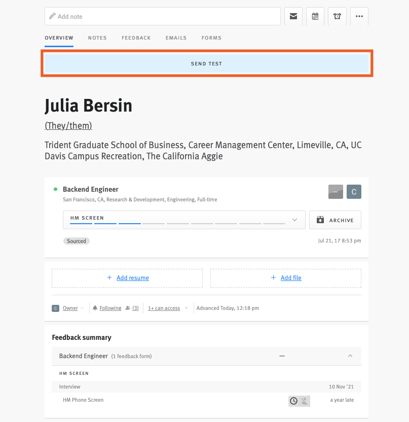 Send Test call to action banner circled at the top of candidate profile.