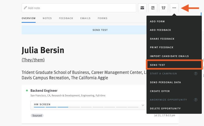Lever candidate profile with arrow pointing to three dot menu and send test option circled in dropdown menu