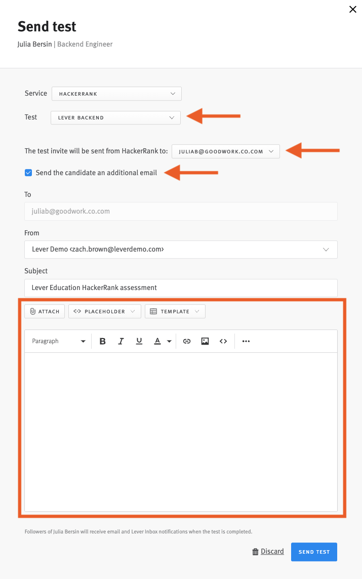 Send test modal in Lever with fields labelled as outlined in the list above.