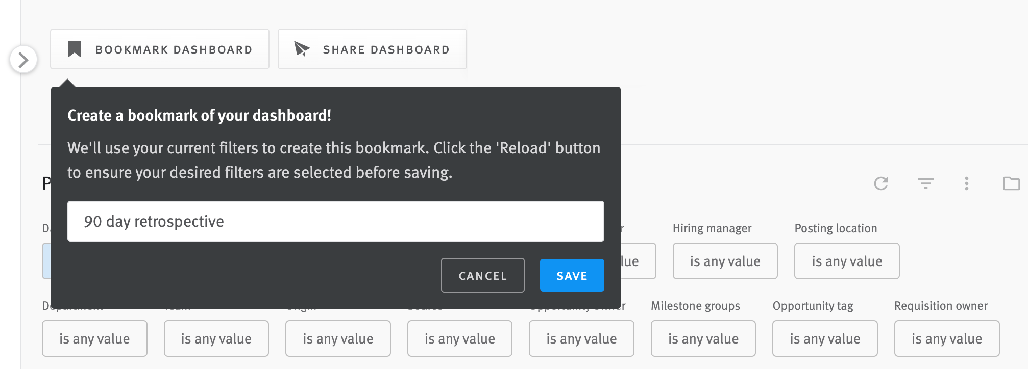 Close up of bookmark being applied to a dashboard.