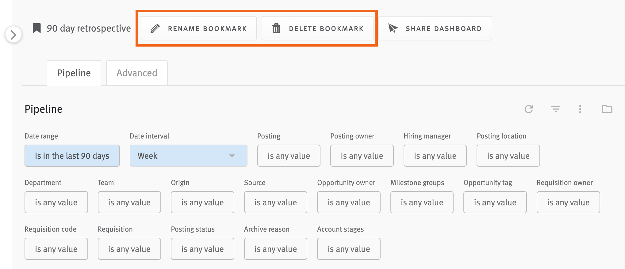 Close up of buttons above dashboard title with rename bookmark and delete bookmark buttons labelled.