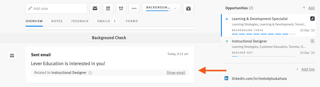 Lever candidate profile showing history and email sent.
