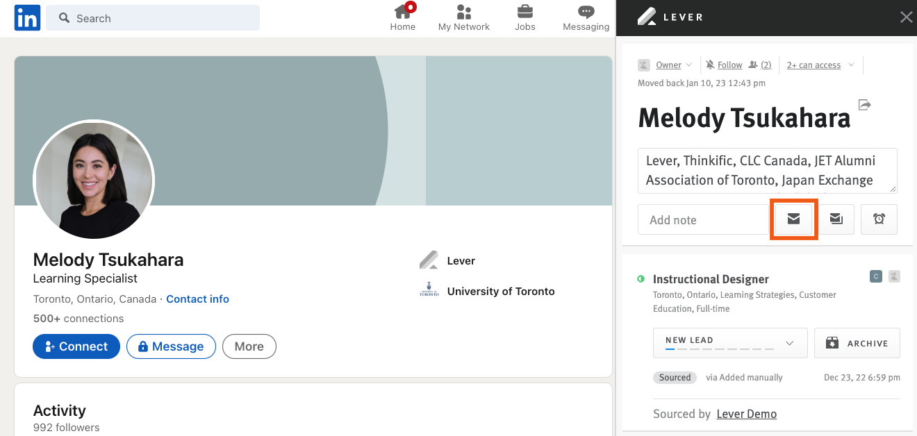 Linkedin profile showing Lever extension open and email button outlined.