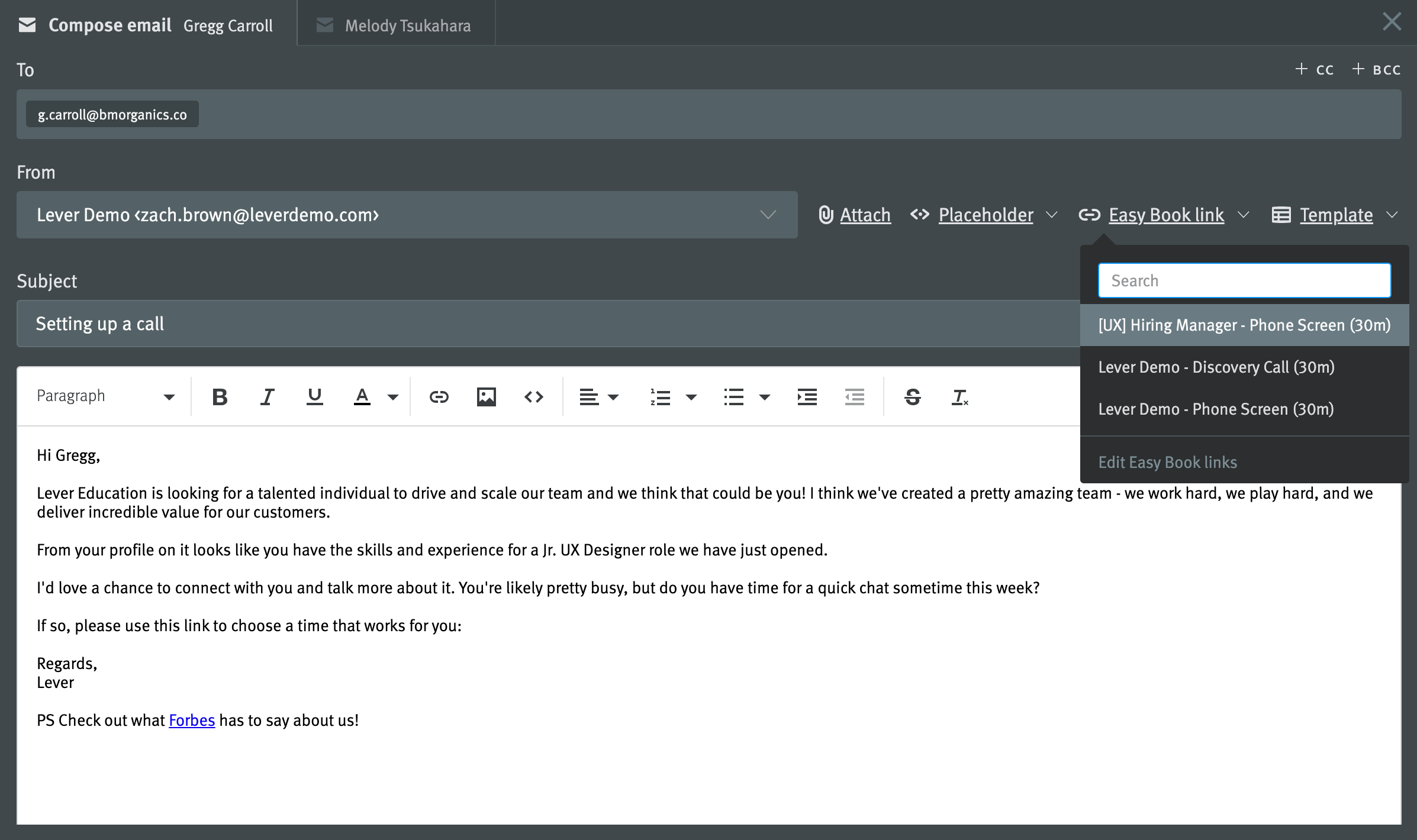 Email composition window with Easy Book link menu expanded