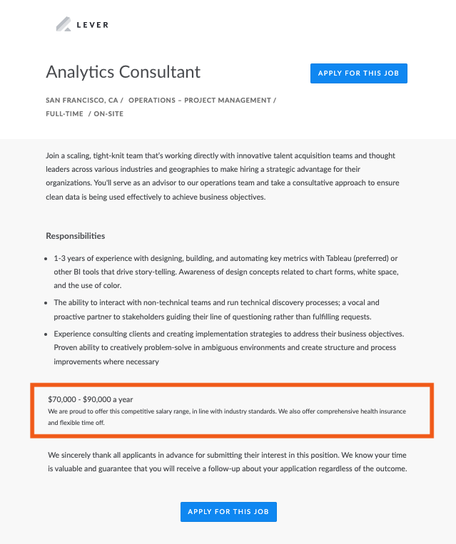 Lever-hosted job posting with listed salary details outlined.