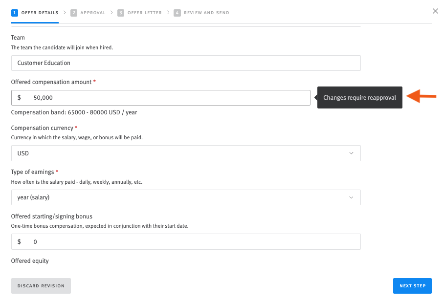 Lever offer editor with arrow pointing to changes require reapproval notice