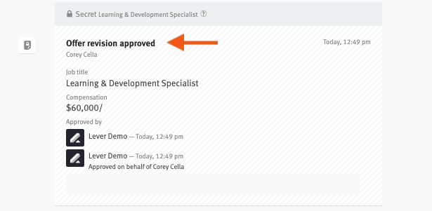 Lever candidate history showing revised offer listing and arrow pointing to Offer revision approved title.