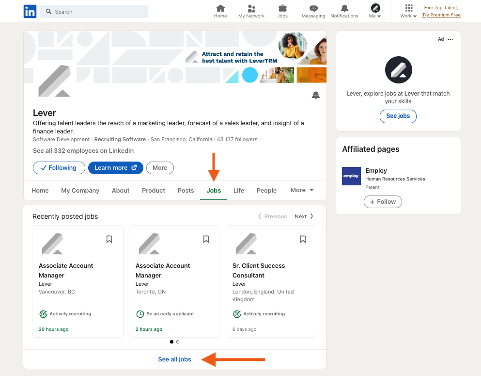 Arrows pointing to Jobs tab and See all jobs link on a company's LinkedIn page