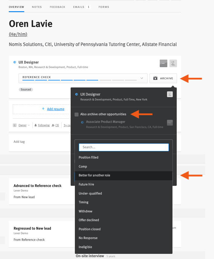 Menu extending from archive button wiht archive reasons listed and archive button.