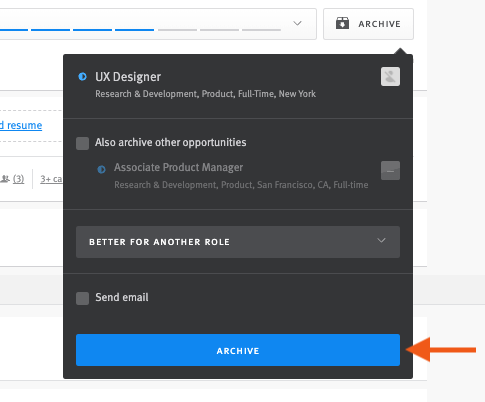 Menu extending from archive button wiht archive reasons listed, send email checkbox, and blue next button.